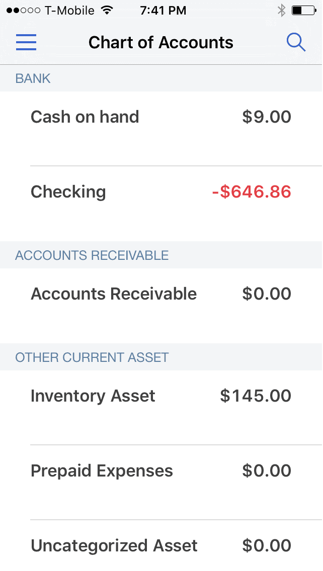 QuickBooks Chart of Accounts.