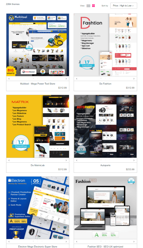 Screengrab showing a sampling of the most expensive PrestaShop paid themes