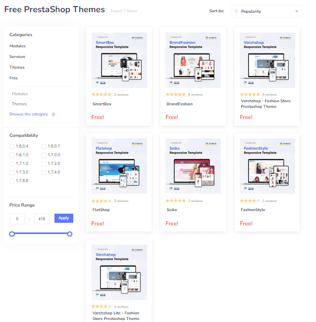 Screengrab showing all seven of the available free PrestaShop themes