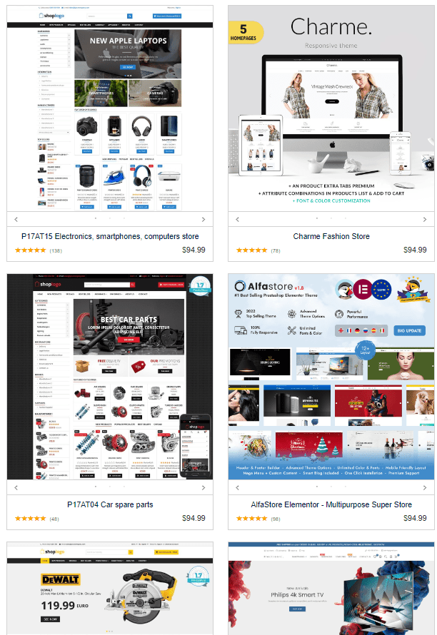 Screengrab showing a sampling of the least expensive PrestaShop paid themes