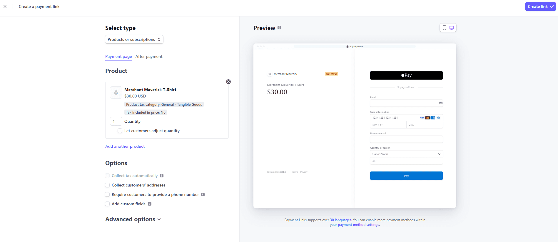 Customizable Stripe payment link