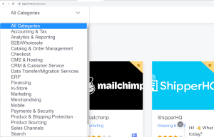 Screengrab showing dropdown menu of available categories for add-ons in the BigCommerce app marketplace