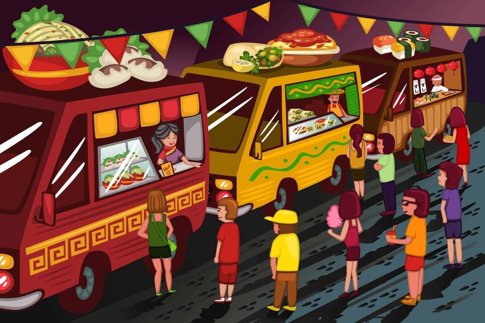 A vector illustration of people in food truck festival