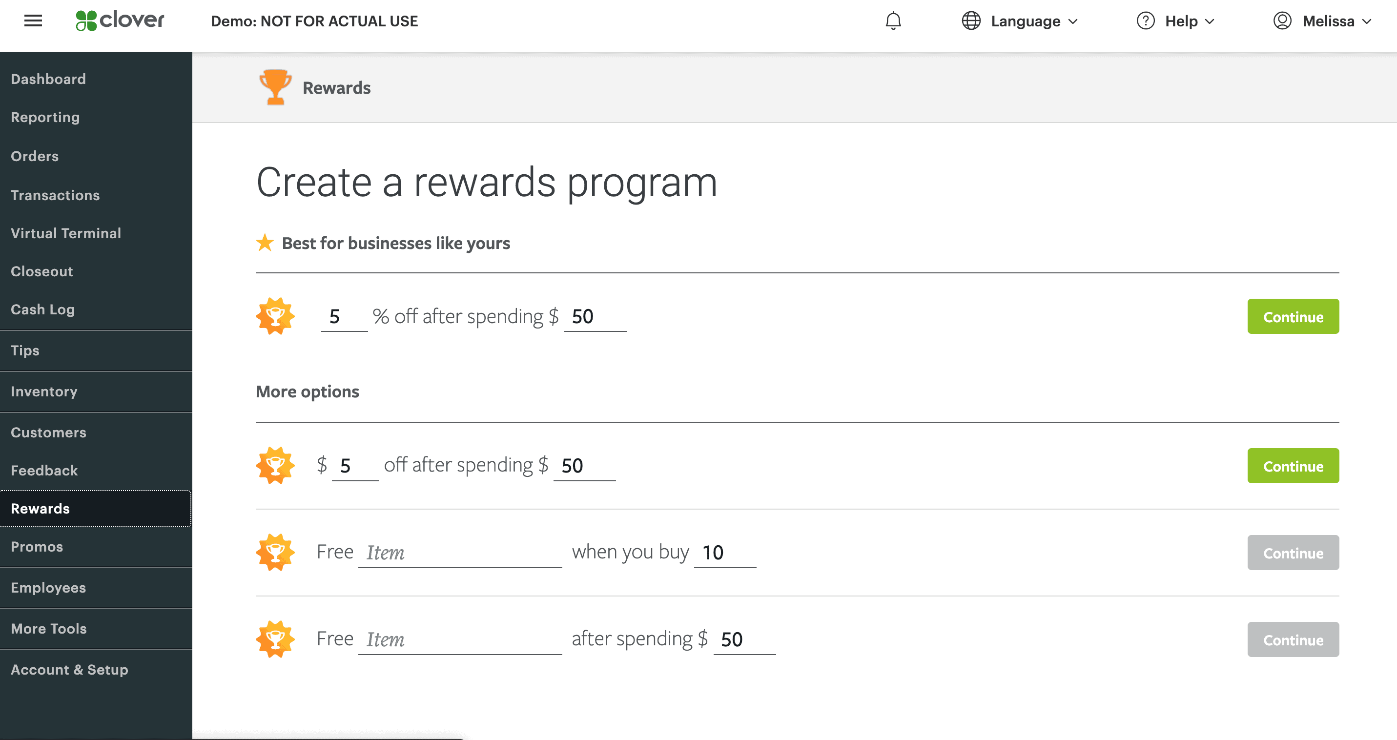 clover web dashboard rewards program screen