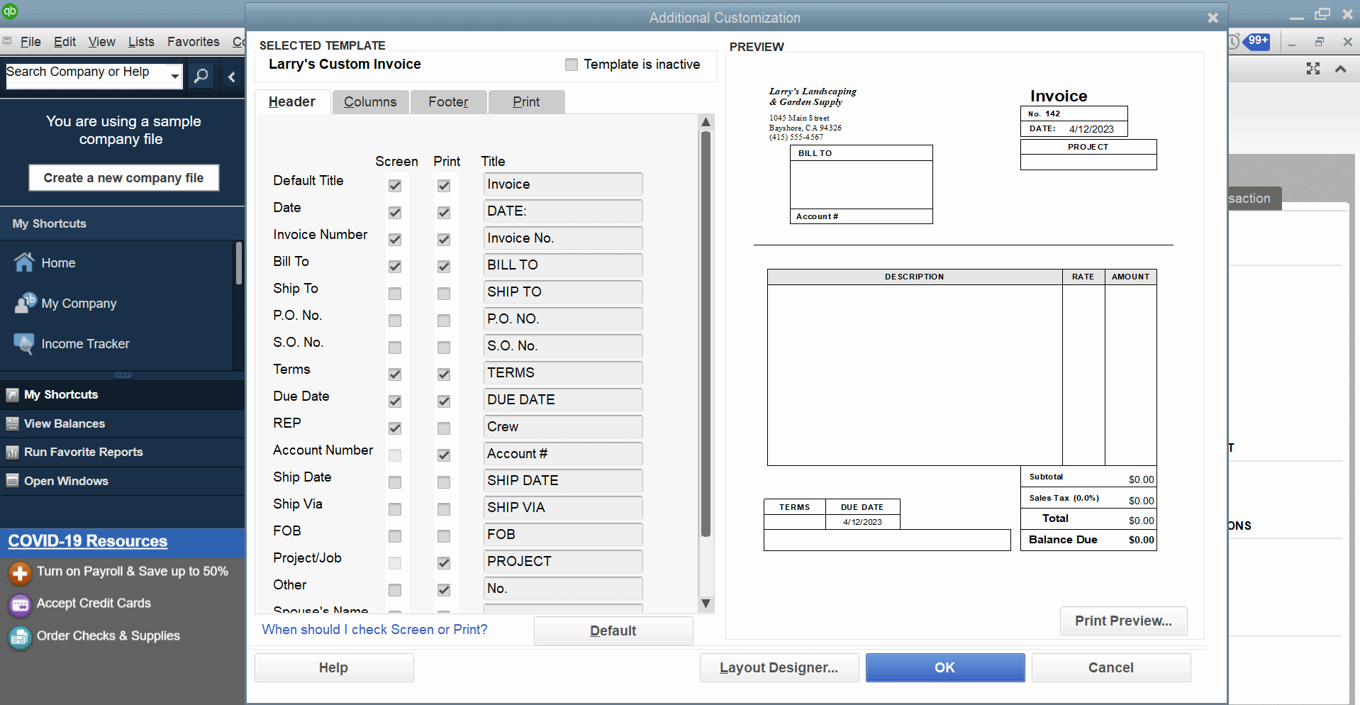 quickbooks pro invoice