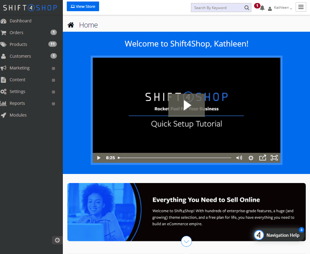 Screengrab of Shift4Shop dashboard