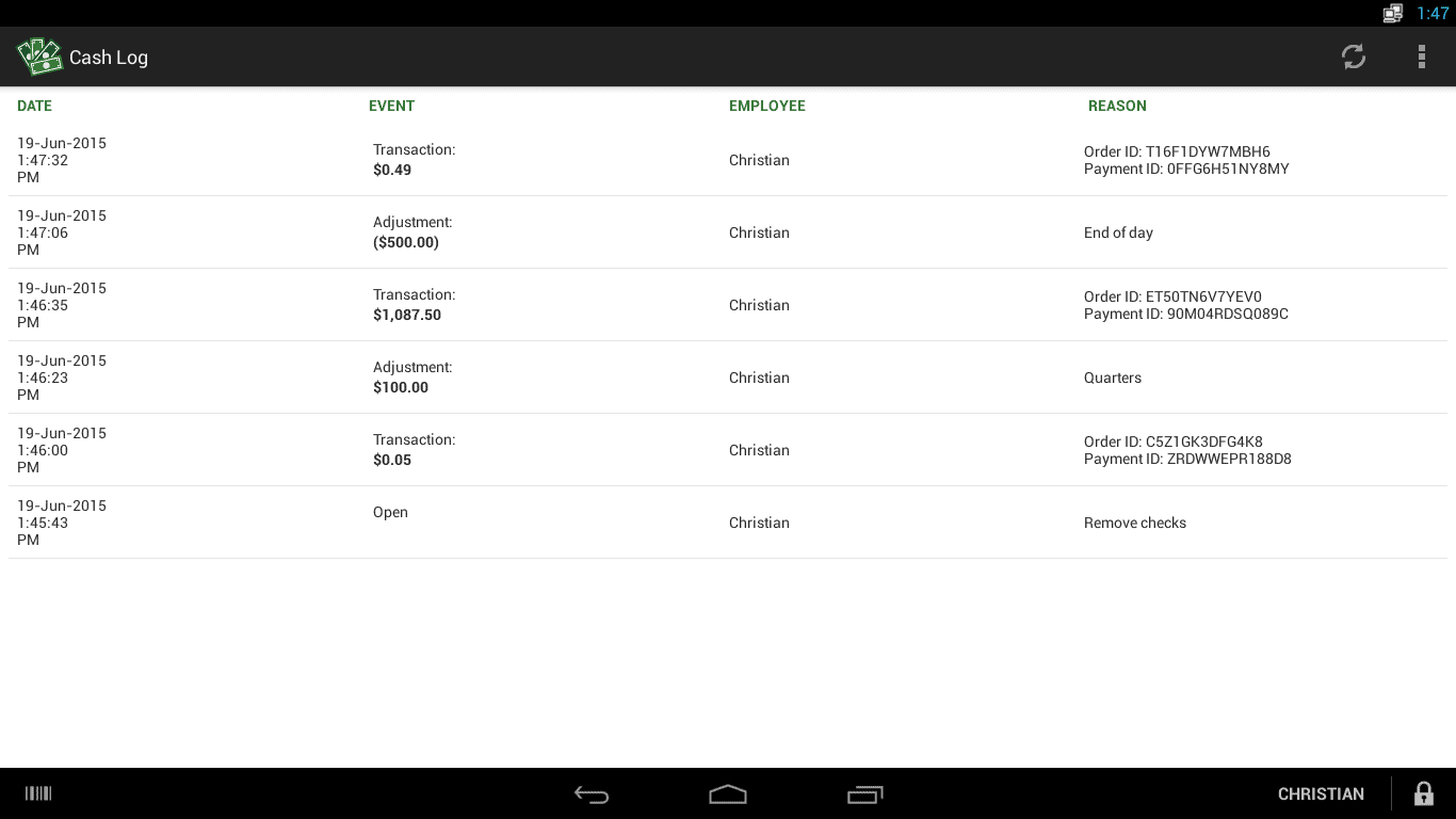 A screenshot of a Clover payment report including the date of transaction, employee involved, and the reason the cash drawer was opened.