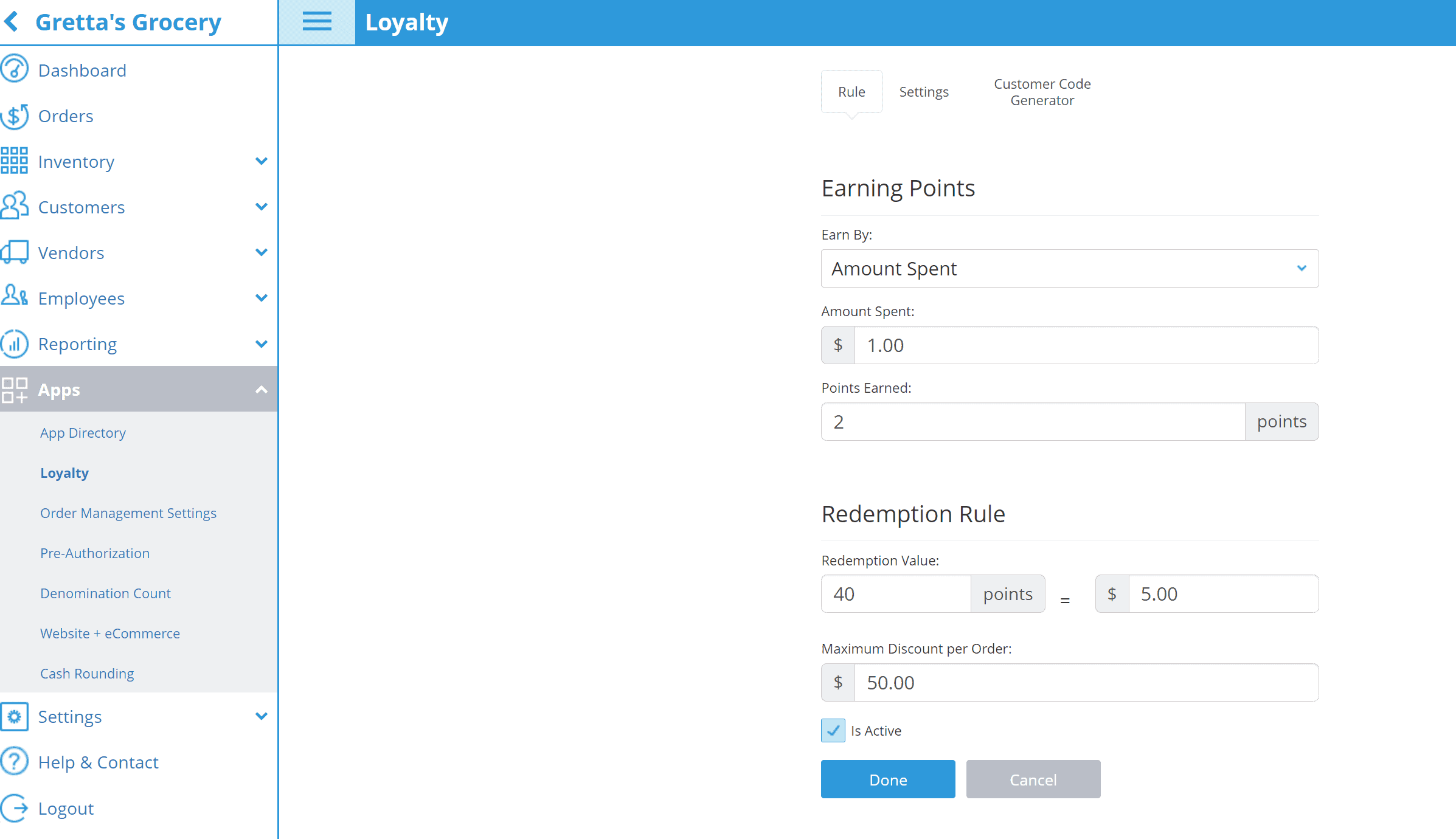 eHopper POS loyalty program settings