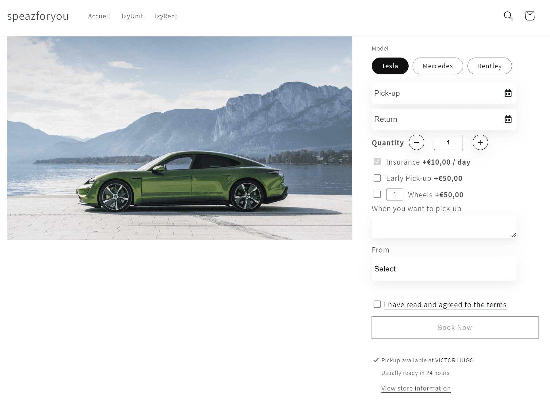 Shopify example online car rental shop with IzyRent integration