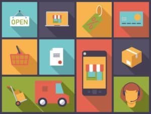 Ecommerce symbols. Flat design vector illustration with ecommerce and online shopping symbols
