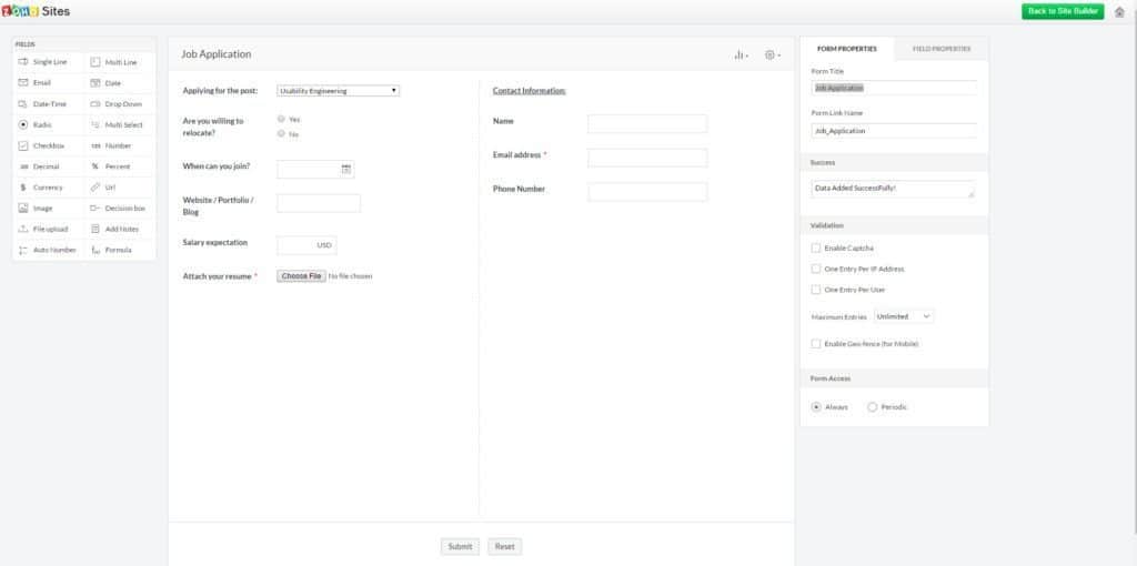 zoho sites form builder
