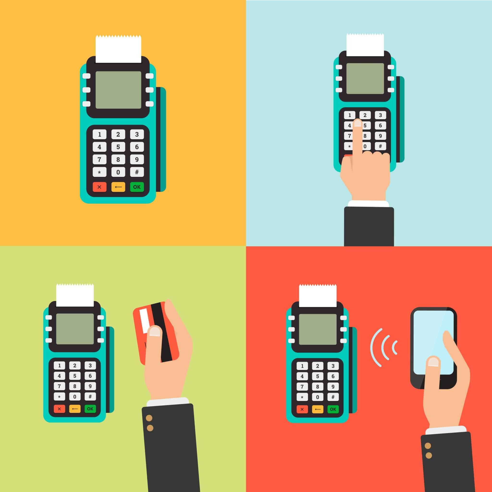 Payment icon set. Human hands holding credit cards smartphone paying with POS. Flat style vector.