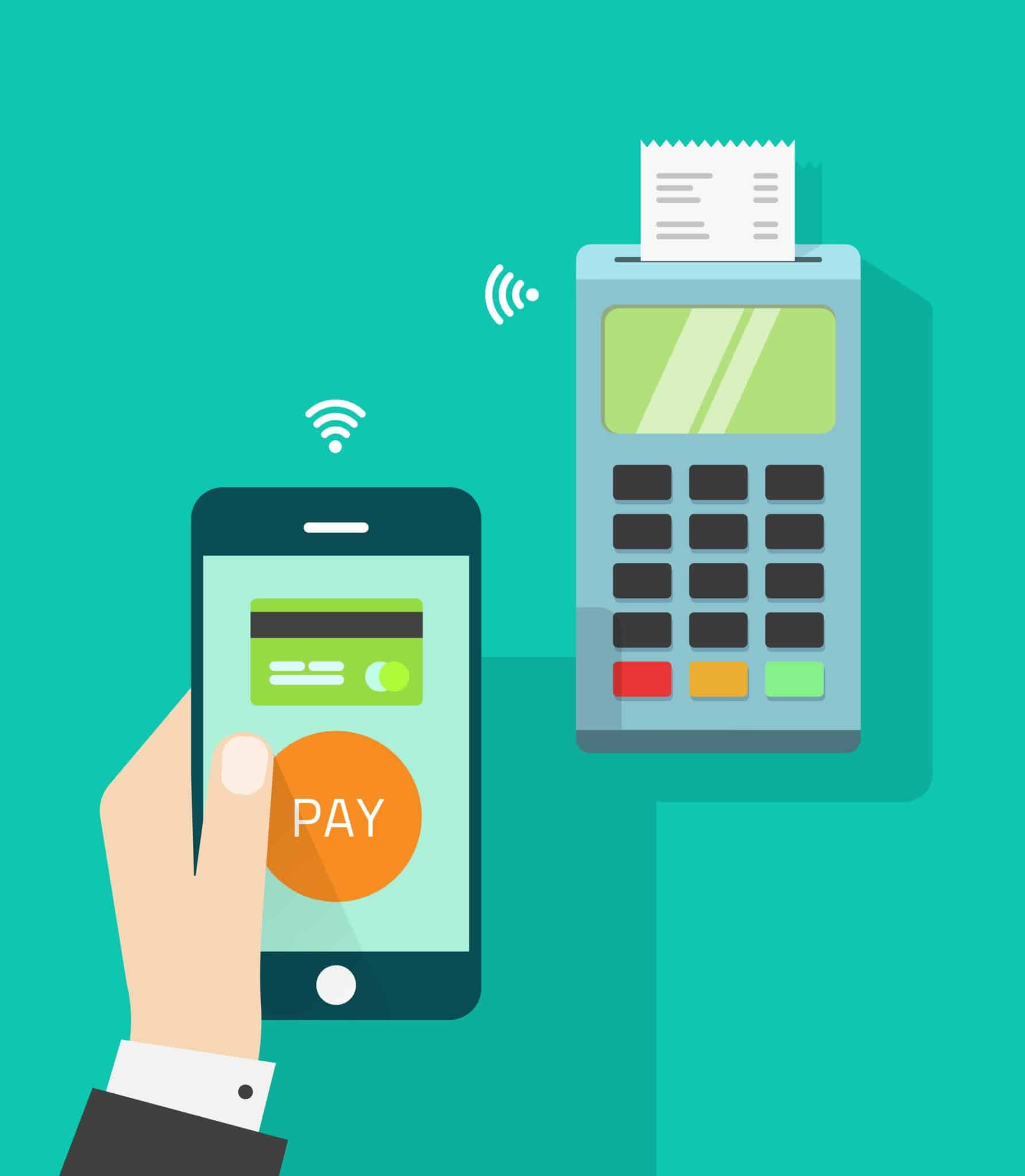 Mobile phone connected to wireless POS terminal, NFC mobile point of sale processing , concept of payment communication technology, cashier hand holding smartphone isolated on green flat vector design