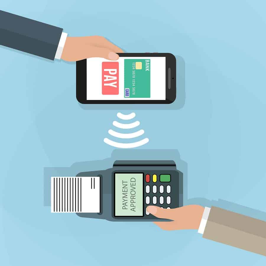 Pos terminal confirms the payment by smartphone. Vector illustration in flat design on blue background. nfc payments concept