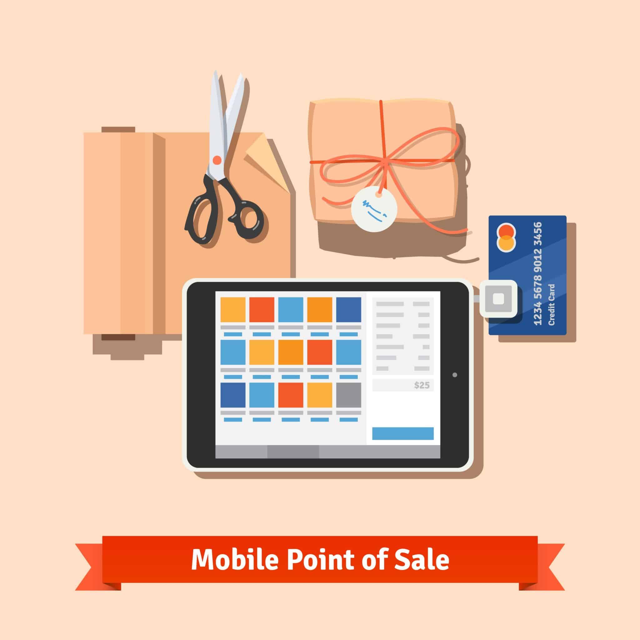 Small retail business payments: modern tablet POS terminal for credit card payments. Packaged purchase, wrapping paper and scissors. Flat vector illustration.