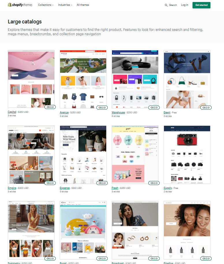 Screengrab of available Shopify themes