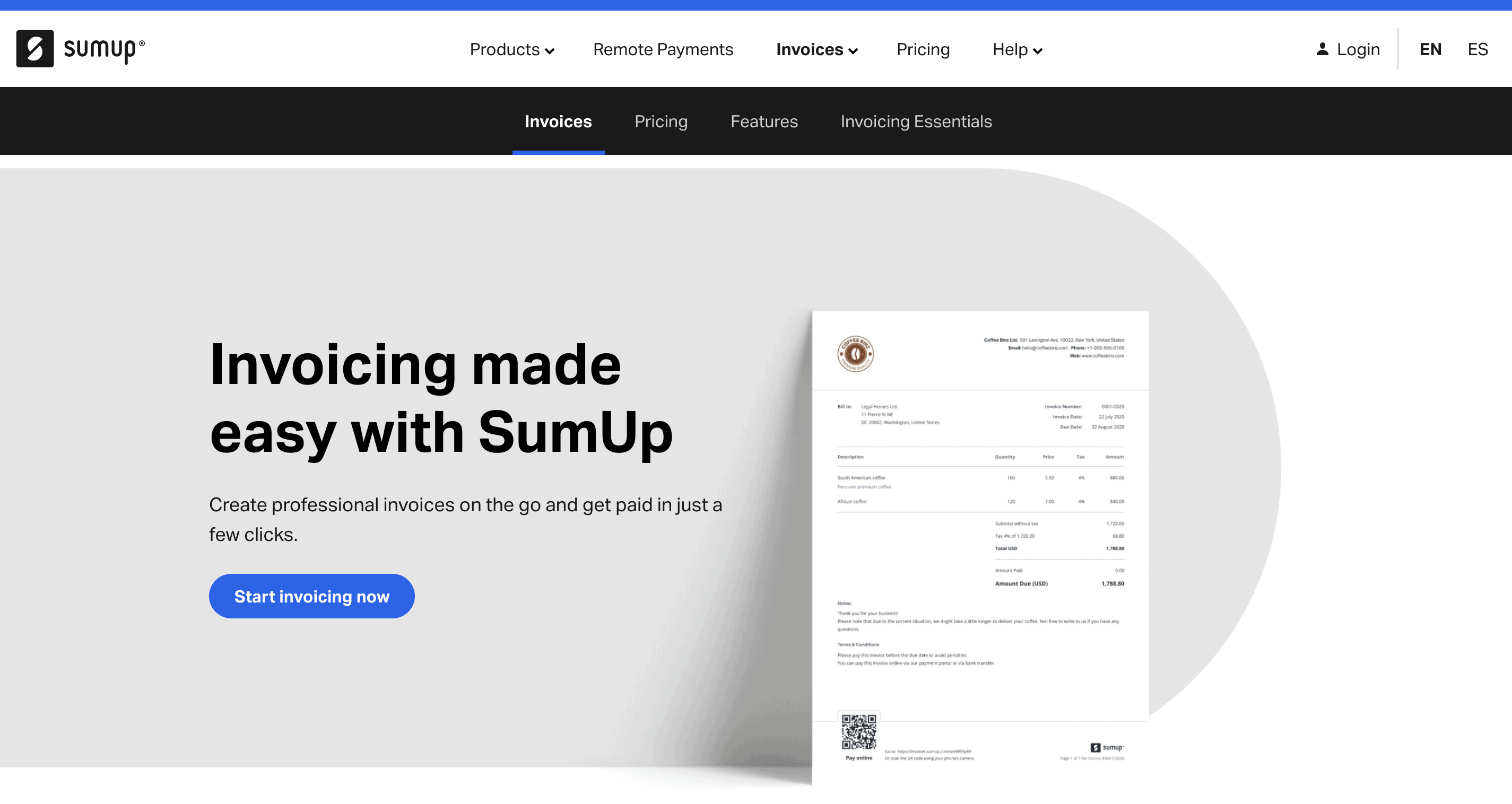 sumup website page about invoicing 