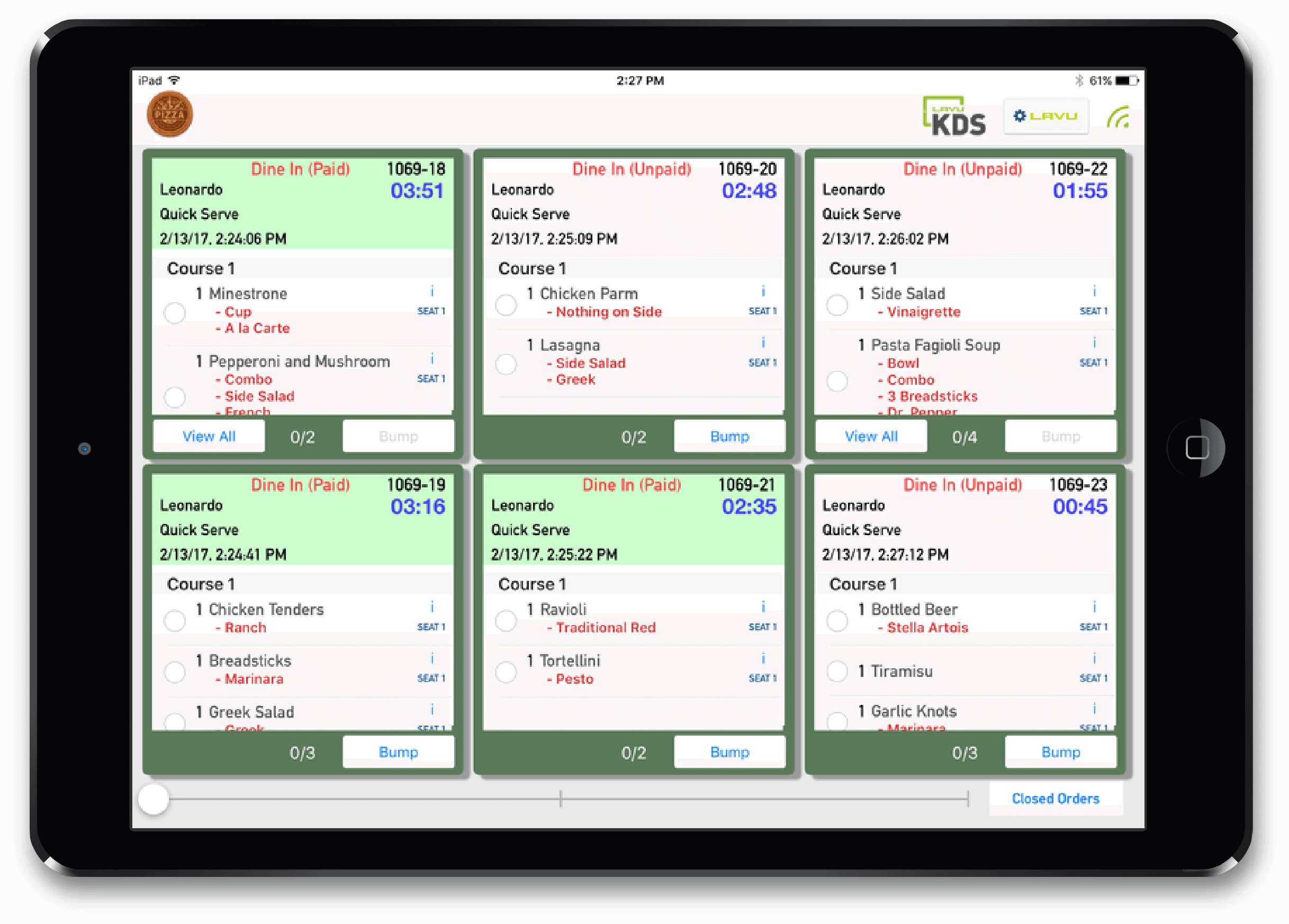 Screenshot of Lavu's Kitchen Display System (KDS) on an iPad