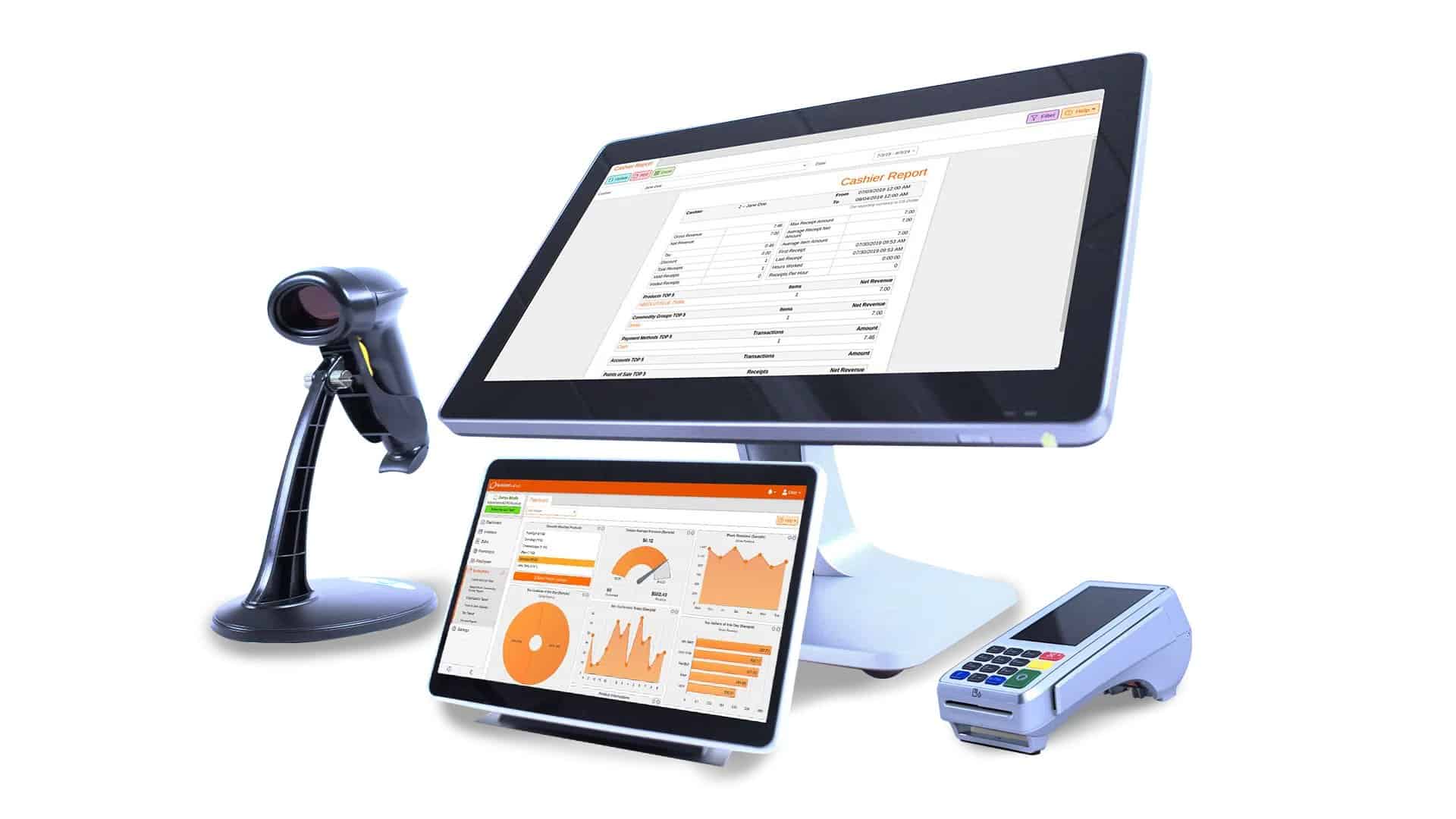 KORONA POS barcode scanner, admin dashboard on tablet, POS register, and external card reader