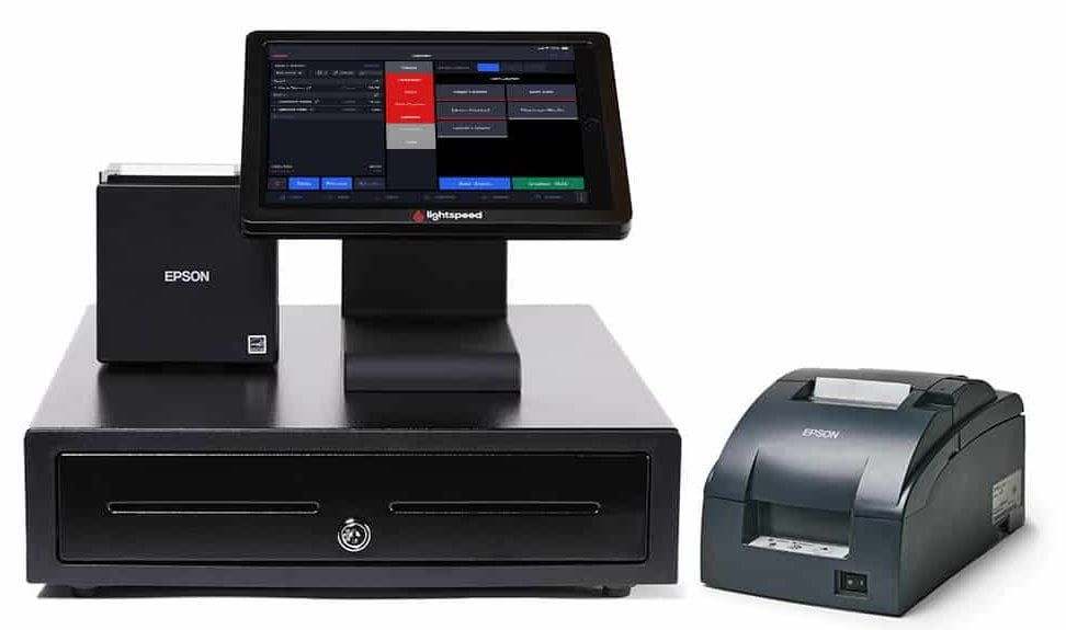 Lightspeed Restaurant receipt printer, iPad stand, cash drawer, and kitchen ticket printer