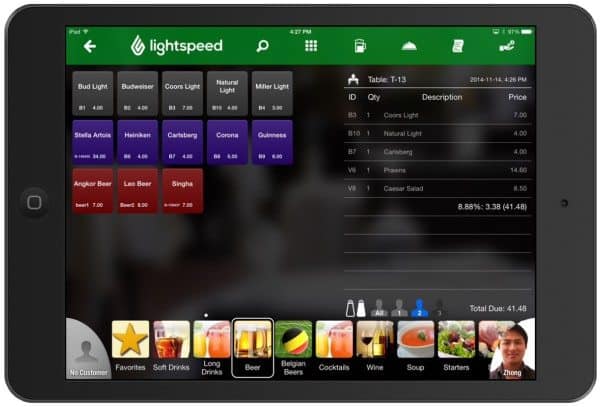 Lightspeed restaurant-specific POS menu