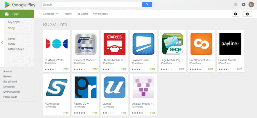 Google Play store with ROAM Data apps