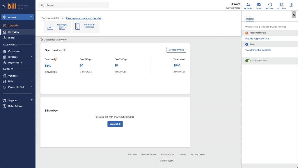 bill.com dashboard