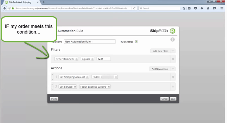 Screengrab of ShipRush automation process