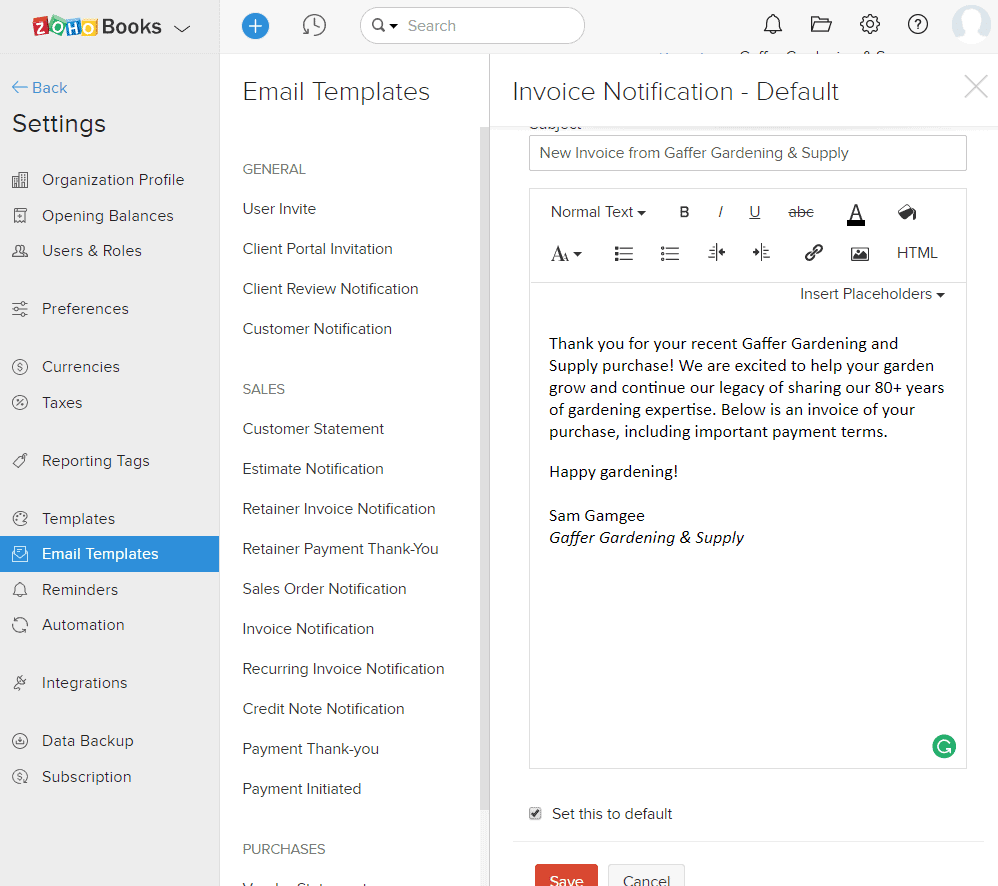 zoho books settings