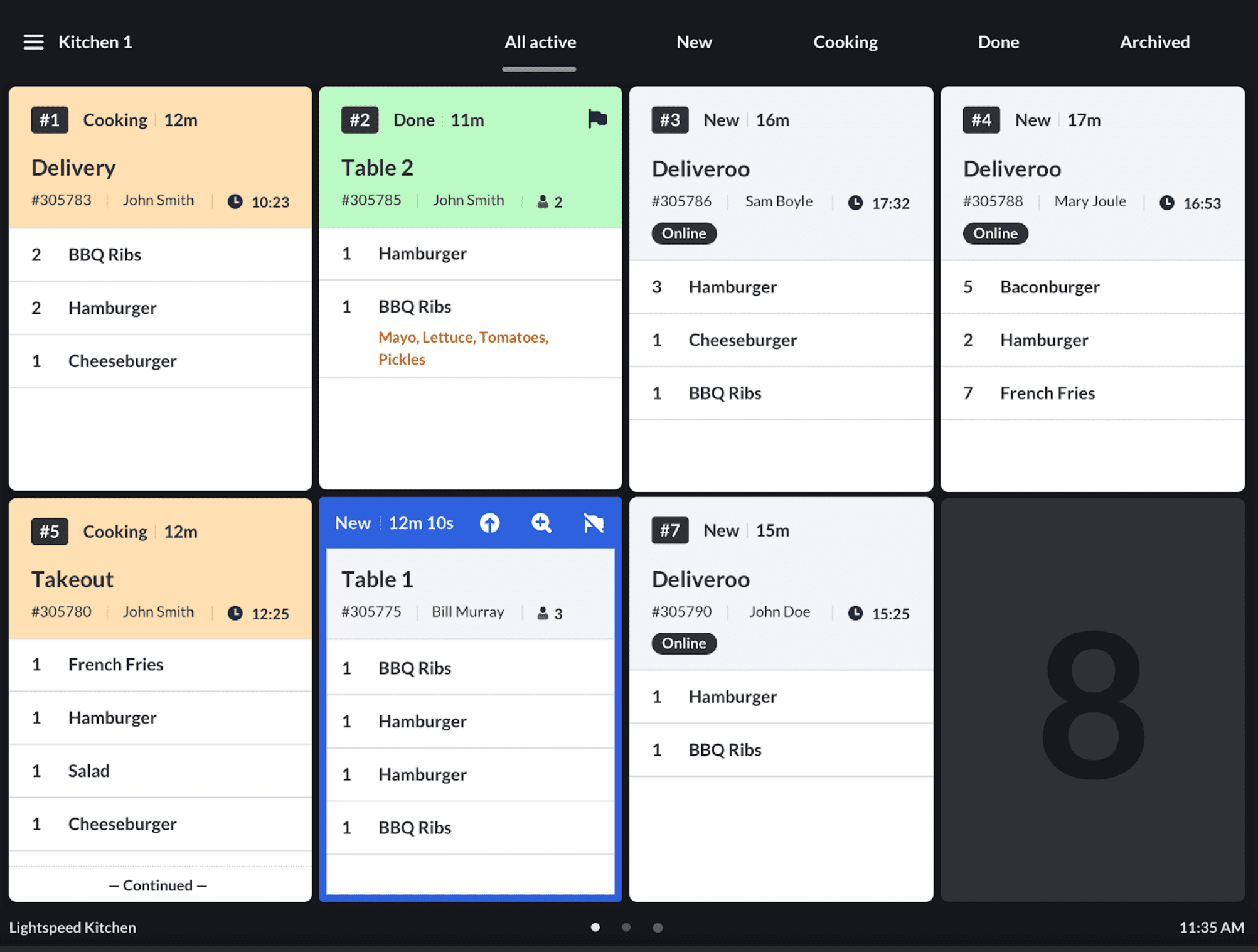 Lightspeed KDS system order screen with pickup/delivery order details