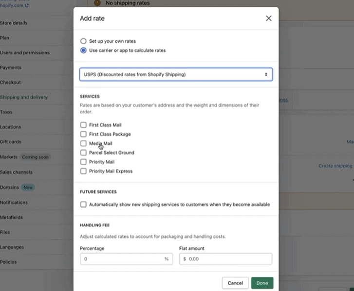 Shopify Shipping carrier calculated rate settings.
