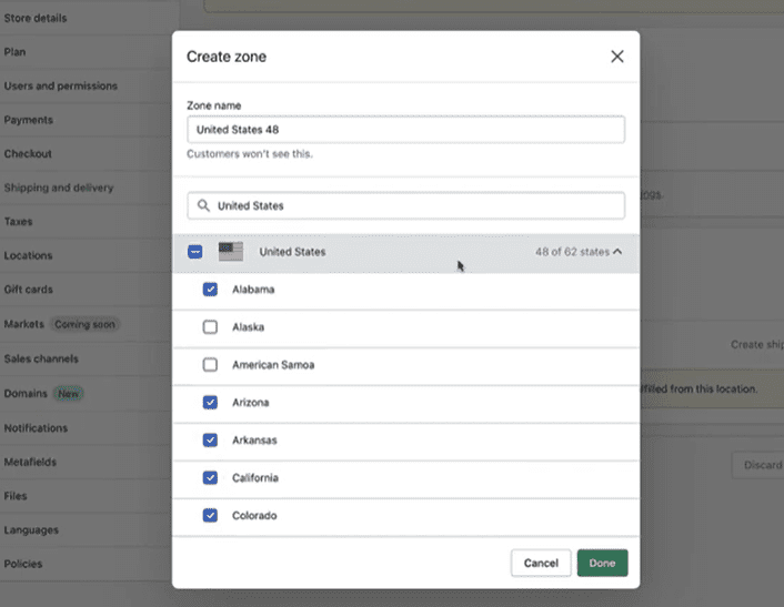 Shopify shipping zone editor