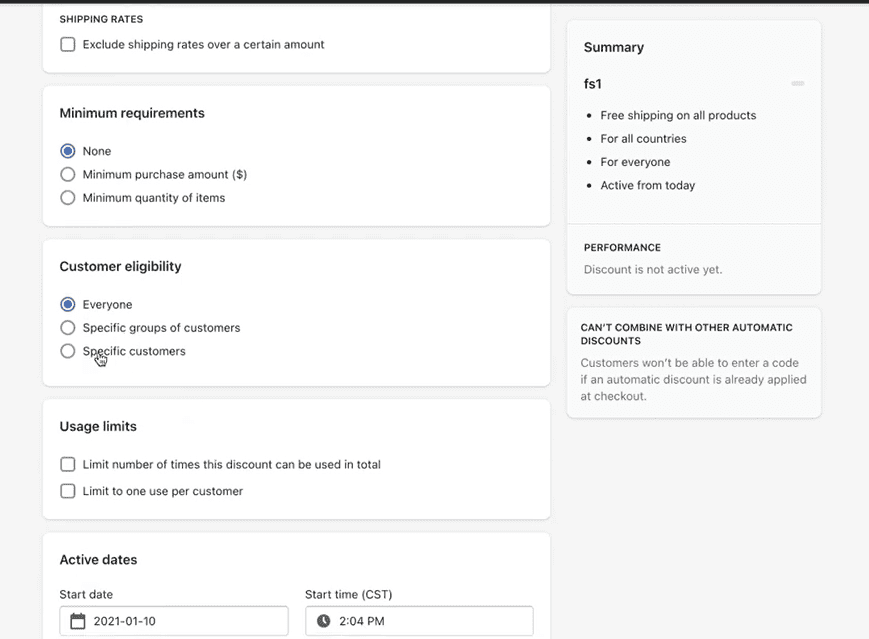 Shopify free shipping customer groups.