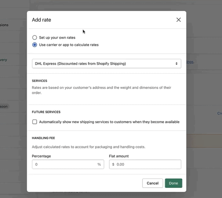 Shopify Shipping DHL express rate setup.
