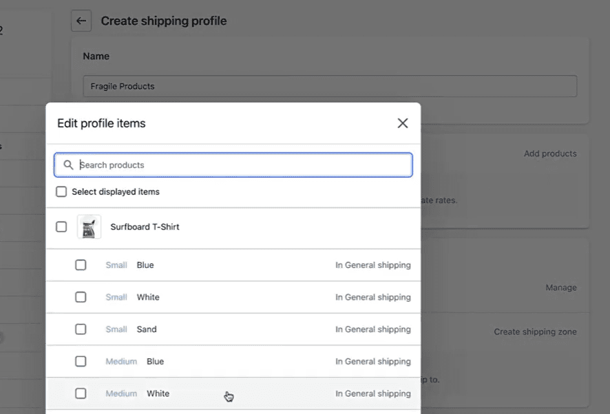 Shopify shipping profile product list.