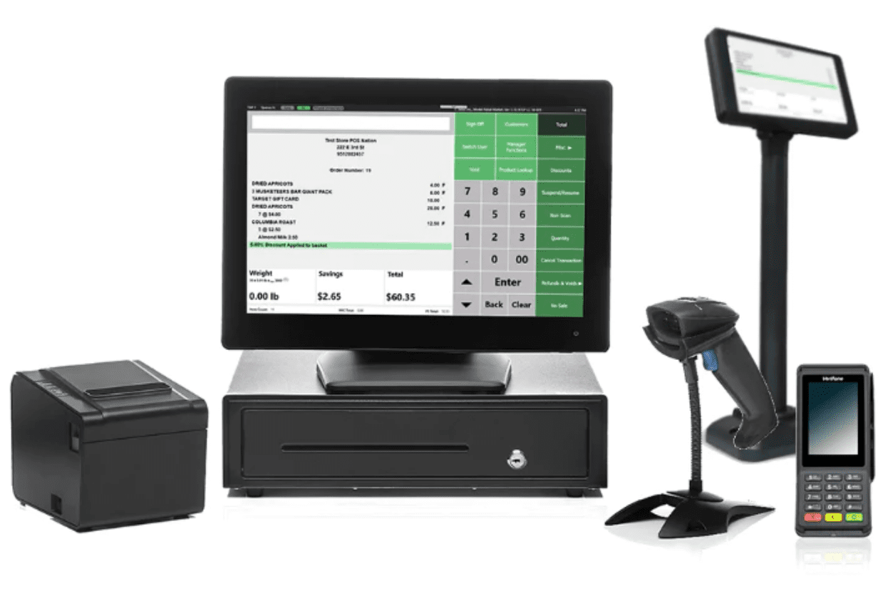 POS Nation register, card reader, receipt printer, barcode scanner, and customer-facing order display pole