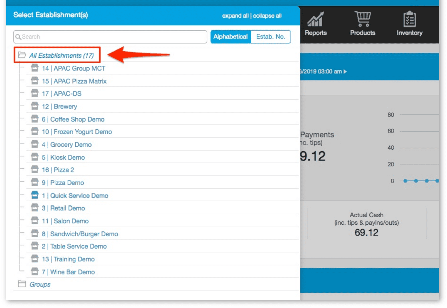 Revel Systems multilocation management settings in admin dashboard