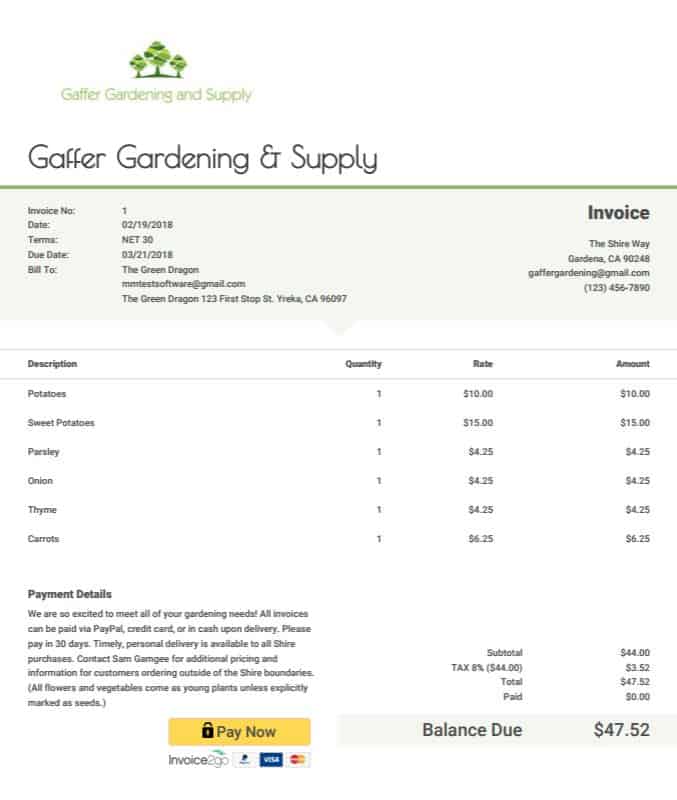 Screengrab of Invoice2go sample invoice