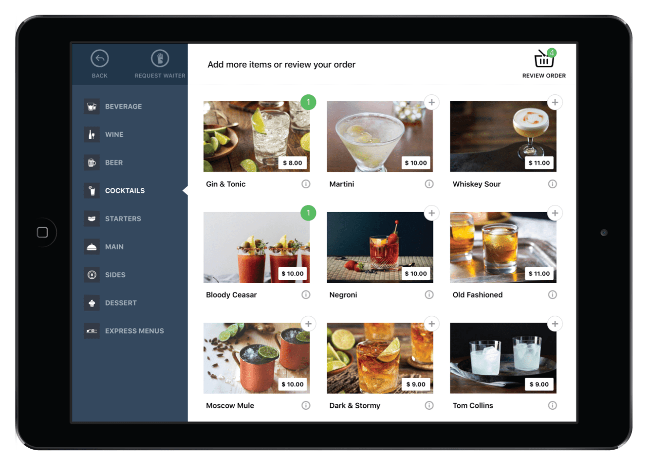 Screenshot of Lightspeed Restaurant tablet ordering user interface