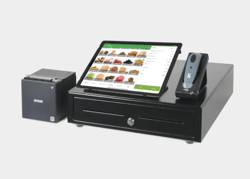 Loyverse iPad, iPad case, cash register, receipt printer, and barcode scanner