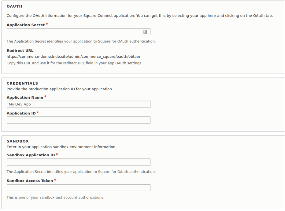 Screengrab showing information needed for connecting Square to a Drupal website
