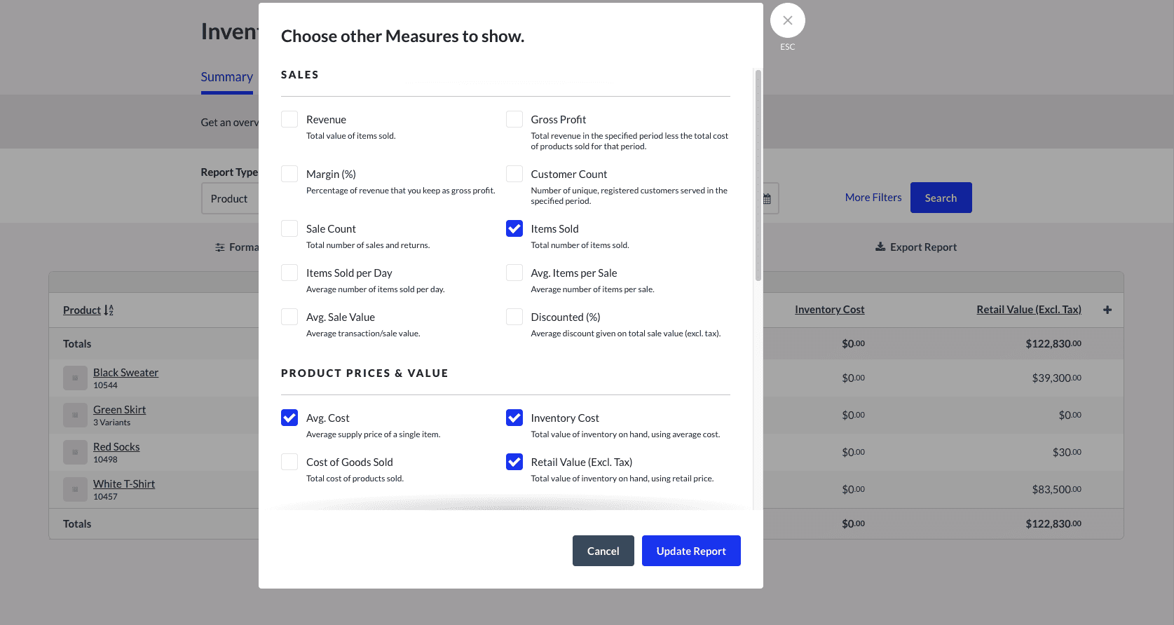 Screenshot of a Lightspeed Retail inventory summary report