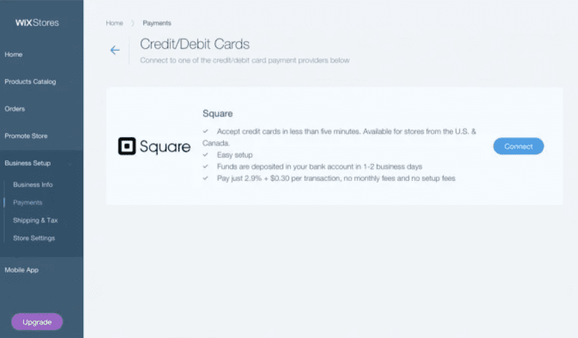 Screengrab showing how to set up Square payments from a Wix website dashboard