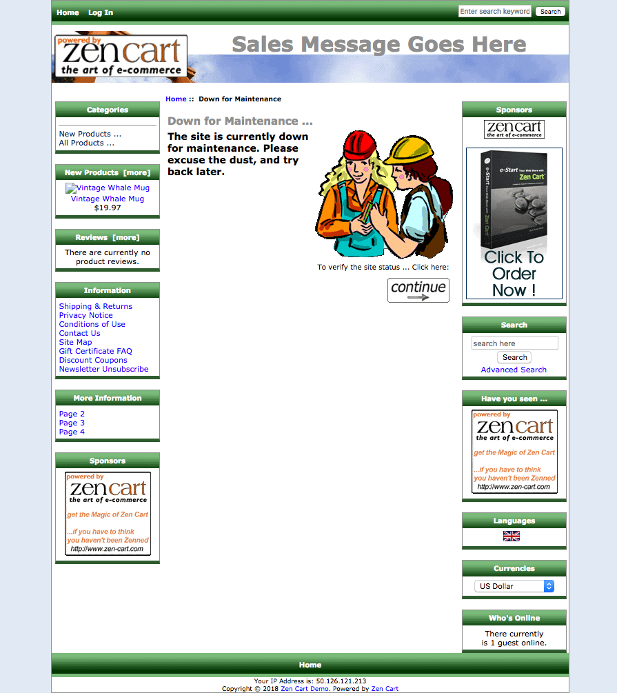 Screengrab of Zen Cart demo store home page