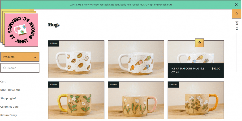Ceramic mug product page from Big Cartel store.