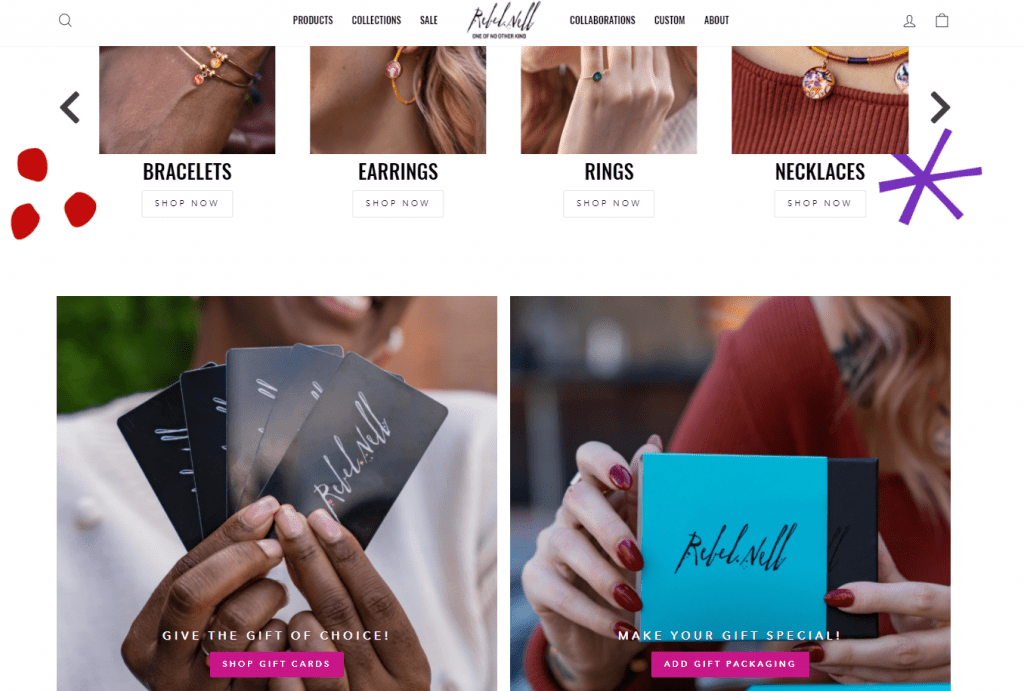 Example Shopify jewelry store with gift card and personalized packaging features.