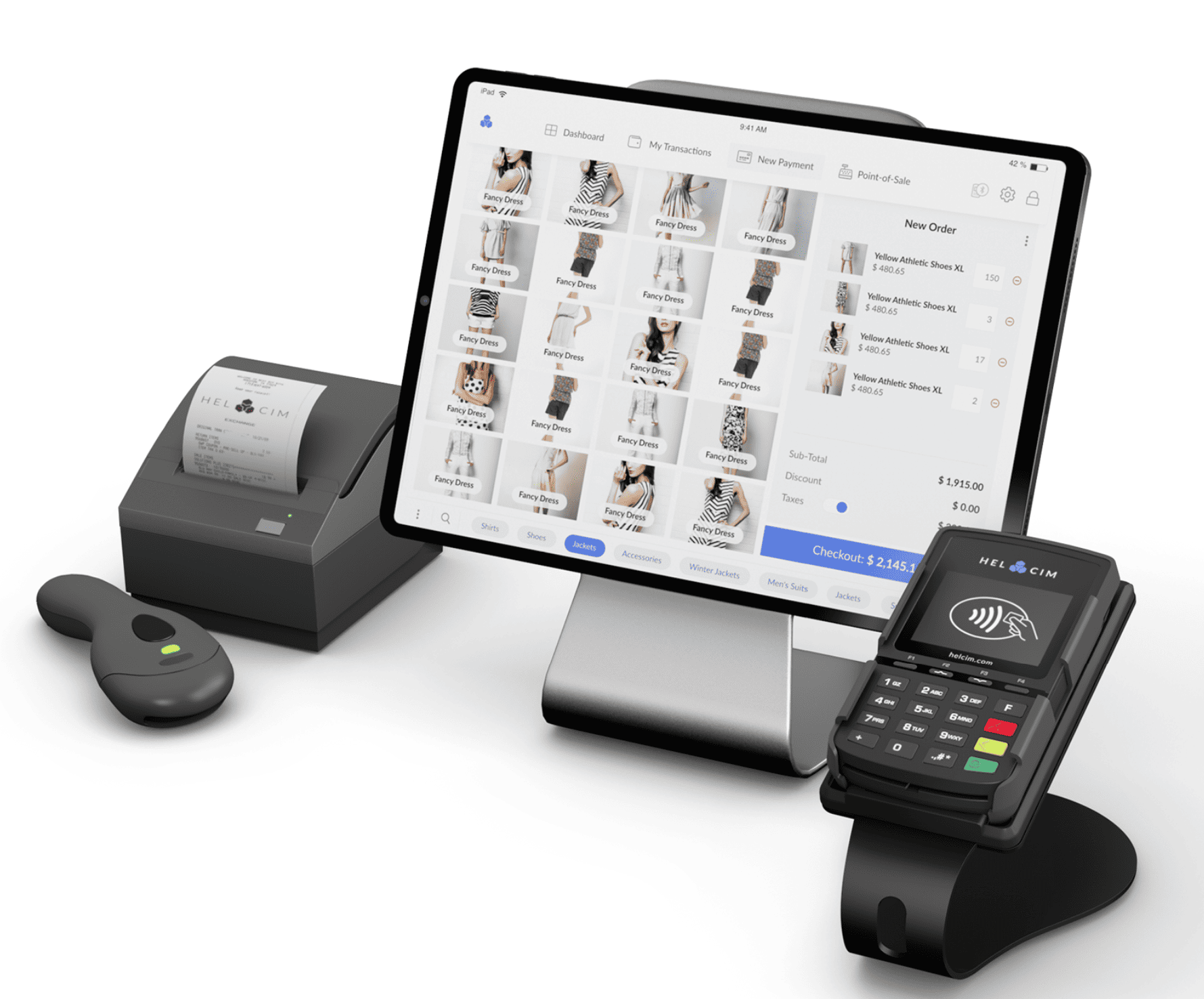 Helcim POS on PC, barcode scanner, receipt printer, card reader