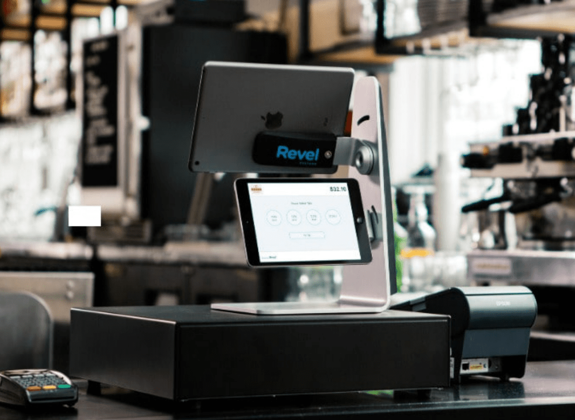 Revel iPad POS register, iPad stand, iPad customer-facing display, cash drawer, receipt printer, and card reader