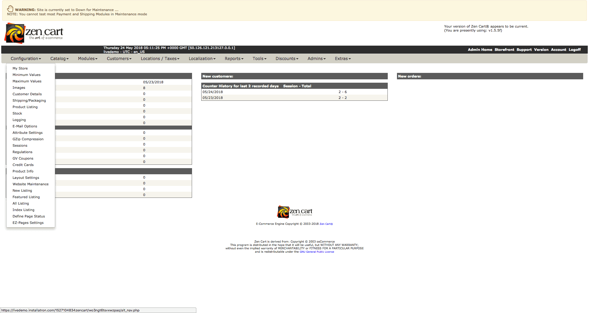 Screengrab of Zen Cart dropdown menu