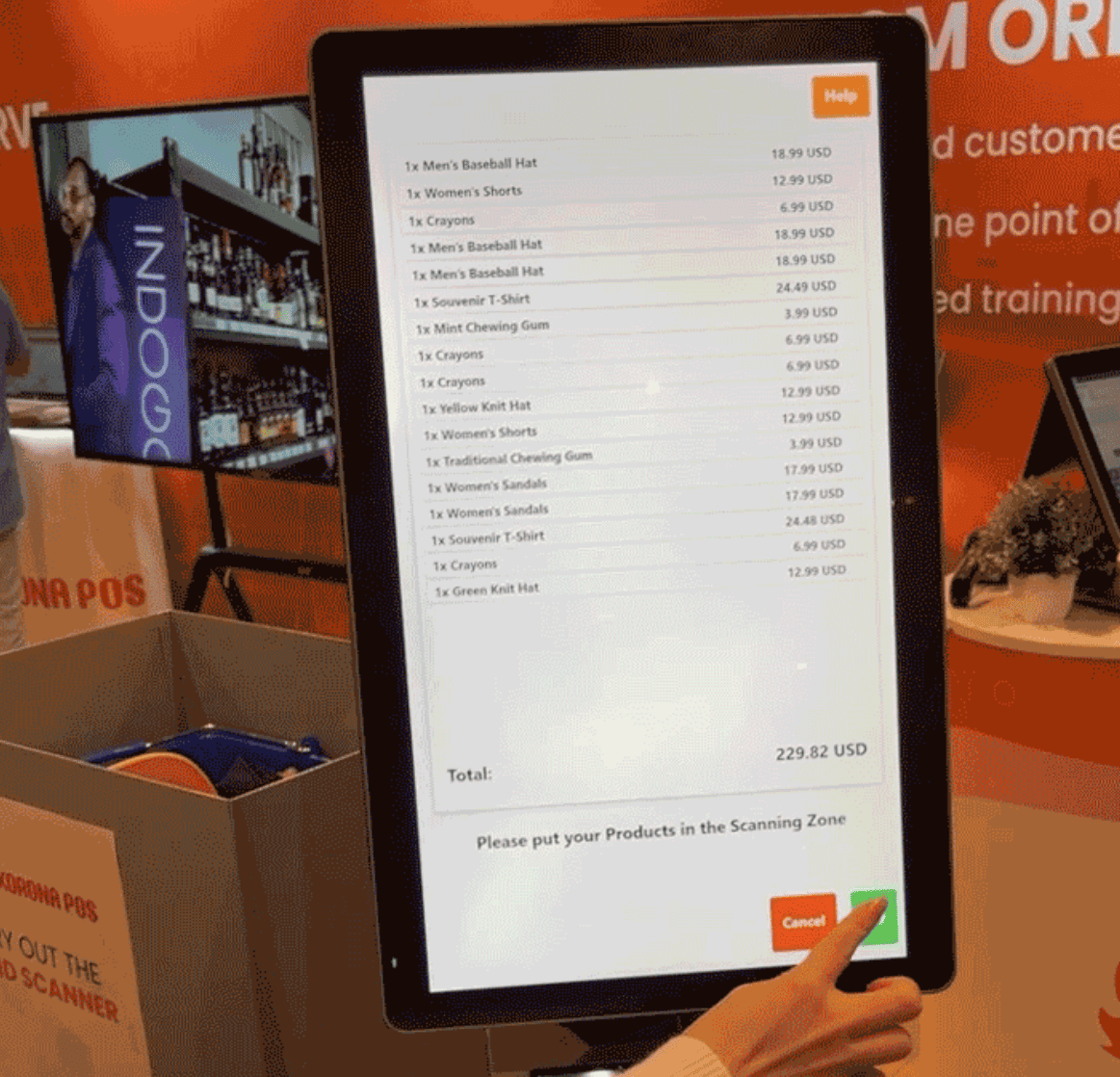 KORONA self-checkout kiosk with RFID tagging and automated scanning